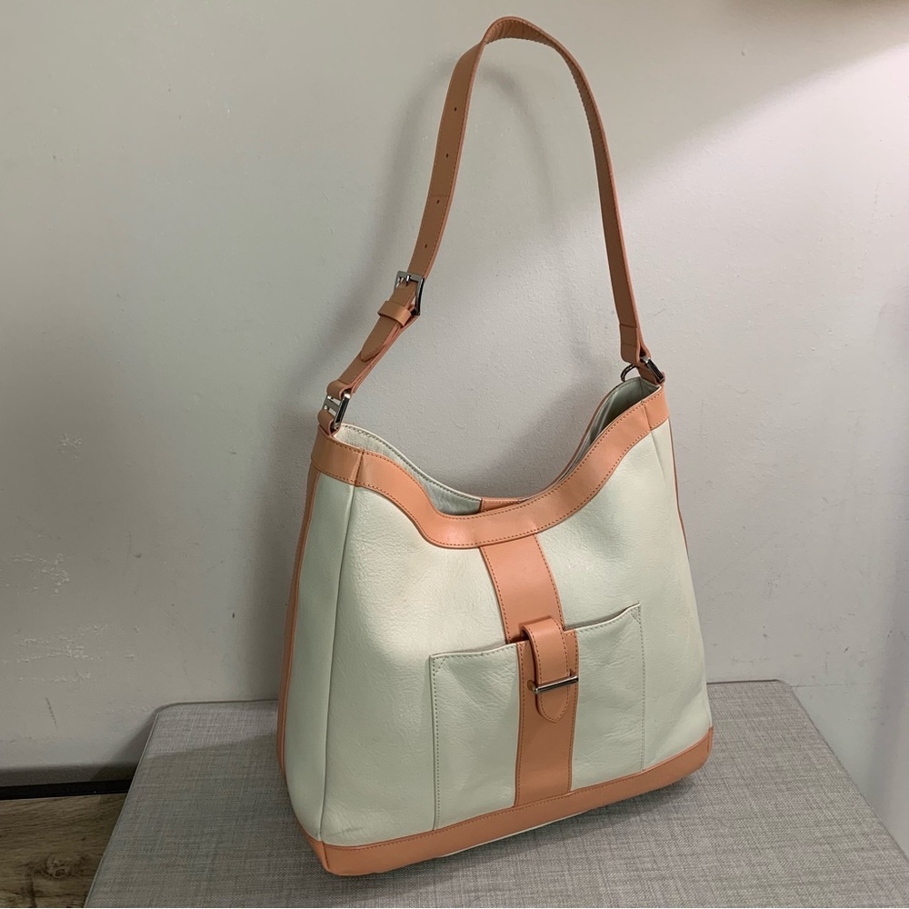 JACK GEORGES COLLECTION Cream White & Peach LEATHER Dome Tote SHOULDER Bag PURSE